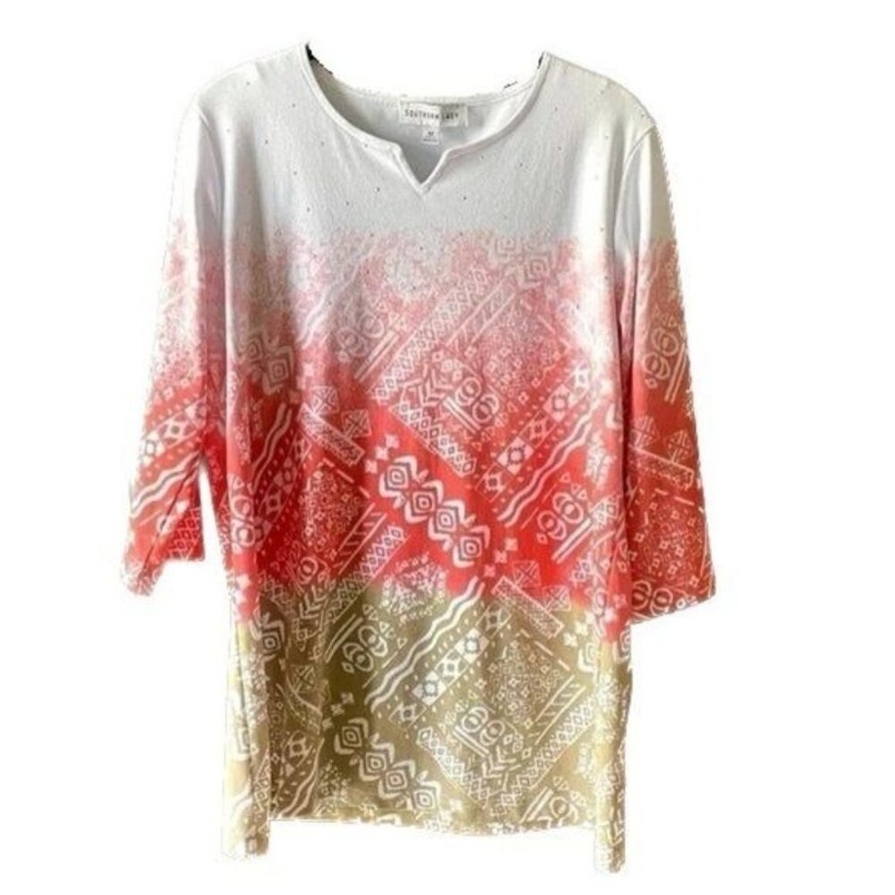 Southern Lady Tunic Top for Women Sz M Ombre Colors w/ Aztec Designs